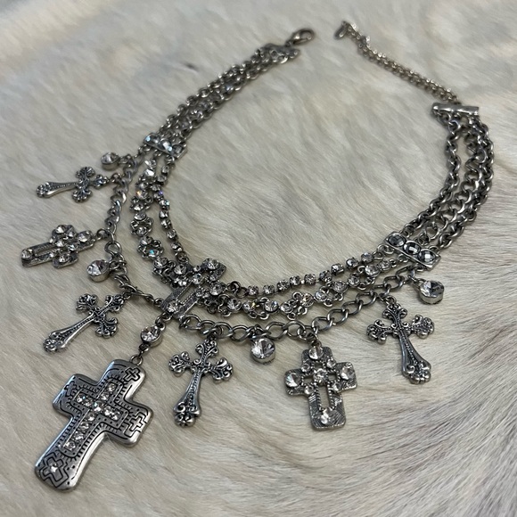 Western Rodeo Silver Cross Choker Necklace - Picture 4 of 8